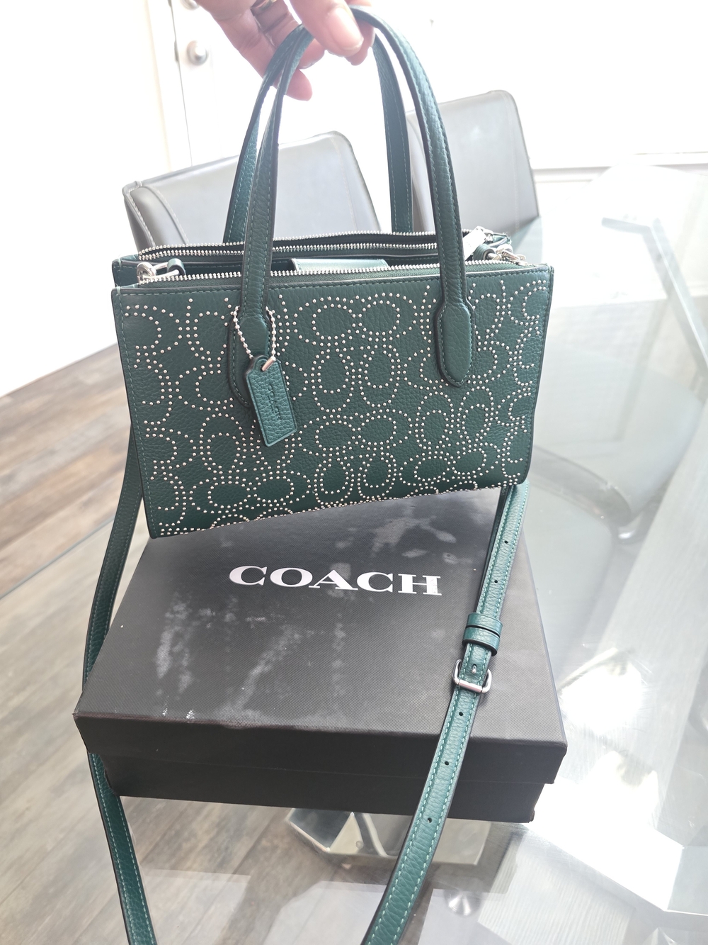 COACH Green Studded Signature Leather Tote - Picture 6 of 8